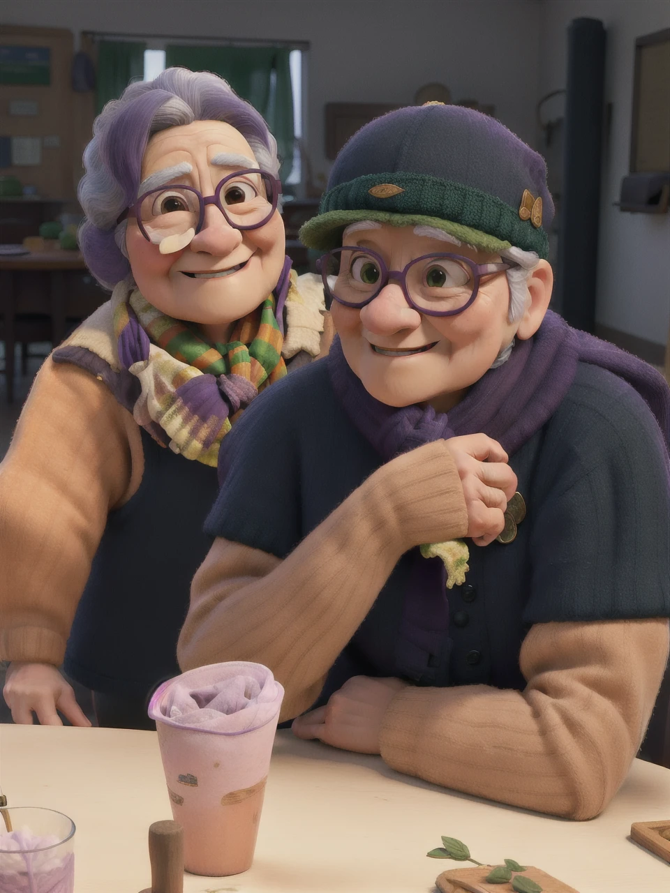 masterpiece, best quality, an old woman with glasses and a scarf on, wearing a purple coat and green scarf, standing at the park