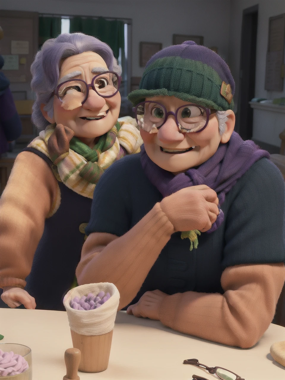 masterpiece, best quality, an old woman with glasses and a scarf on, wearing a purple coat and green scarf, standing at the park