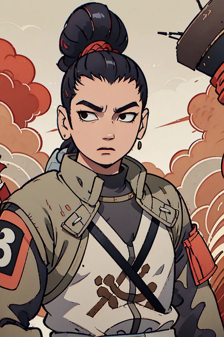 Shikamaru with a samurai clothing preferably with colors like red, black and white details, that your hairstyle be tied hair if possible braids, let everything have a 2d animated scott pilgrim style