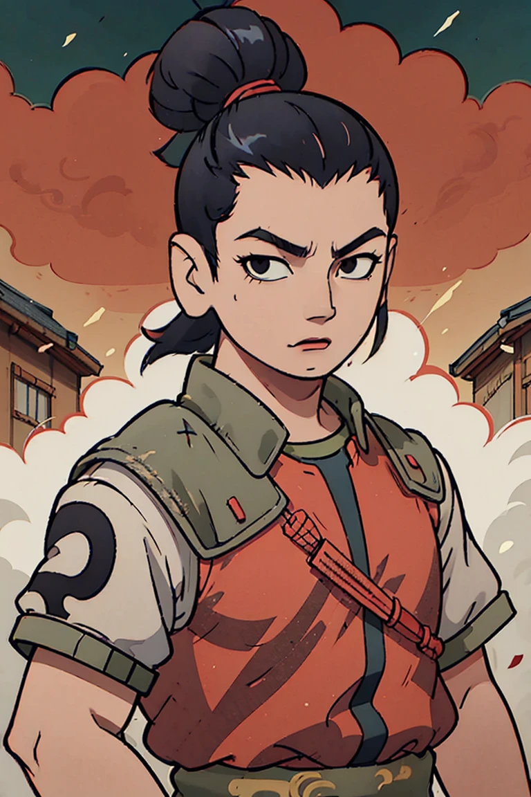 Shikamaru with a samurai clothing preferably with colors like red, black and white details, that your hairstyle be tied hair if possible braids, let everything have a 2d animated scott pilgrim style