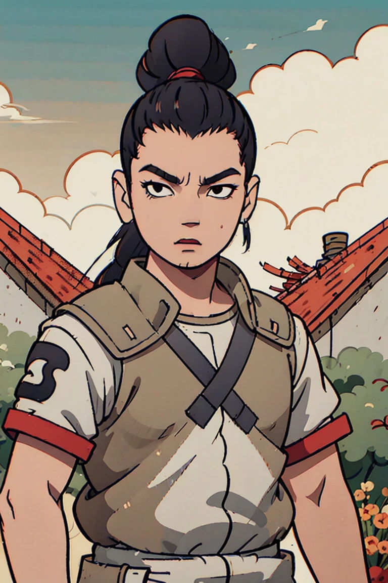 Shikamaru with a samurai clothing preferably with colors like red, black and white details, that your hairstyle be tied hair if possible braids, let everything have a 2d animated scott pilgrim style