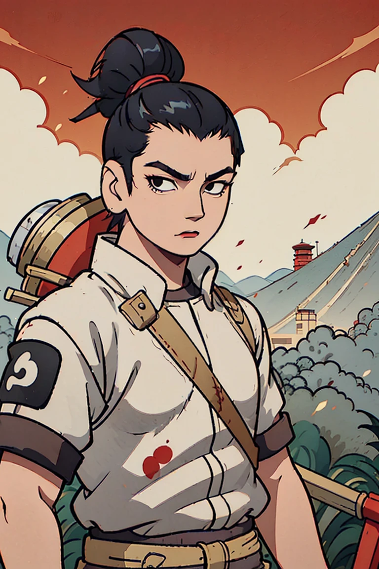 Shikamaru with a samurai clothing preferably with colors like red, black and white details, that your hairstyle be tied hair if possible braids, let everything have a 2d animated scott pilgrim style