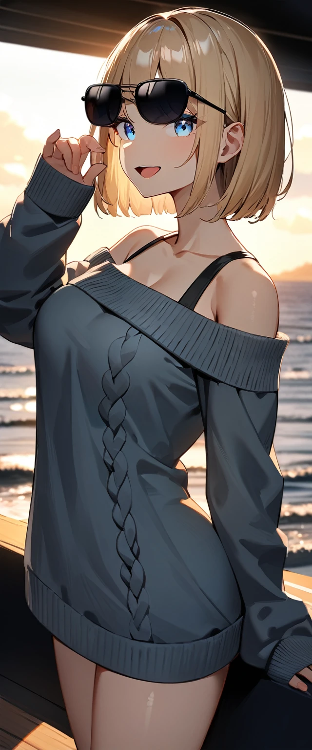 (((One girl))), sea, beach, evening, Sunset, sitting, (((from behind))), (((Bare legs))), ((aran sweater)), blond hair, open mouth, tongue out, ((sunglasses, hand to sunglasses)), (bob cut:1.3)), breasts, cleavage, (cowboy shot), standard body, (looking at viewer), oversized clothes, puffy long sleeves, collarbone, ((off-shoulder sweater dress:1.3, Quite thick shoulder straps)), (((sleeves past wrists:1.3))), ((black sweater)), teenager, head tilt:1.3, (((blue eye))), ((happy smile)), (((anime style))), (best quality, 4K, 8K, highres, masterpiece:1.2, ultra-detailed, ultra-detailed eyes, HDR, uhd, studio lighting, ultra-fine painting, sharp focus, physically-based rendering, extreme detail description, professional, vivid colors, bokeh), ((Highest quality, Best image quality, Ultra-high resolution, Ultra-high resolution, solo, Strong eye highlights)), Depth of written boundary, Natural soft light, attractive, Beautiful Face, Cleanliness, Pure Face, medium chest, Beautiful Face, Perfect Fingers, Perfect hands, Perfect body, Perfect Face, Shine a light into your eyes, Perfect Anatomy