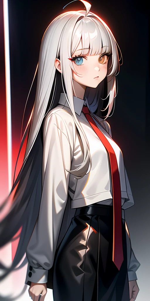 Anime girl with deep gray hair, glossy hair, long straight hair|detailed hair|long hair|blunt bangs|Long bold side bang|ahoge|long straight cutted hair,)))),Slender, beautiful hair,beautiful eyes, heterochromia , red right eye, gray left eye, in red tie, shy blush, pretty, small satchel, cyberpunk, hime hairstyle