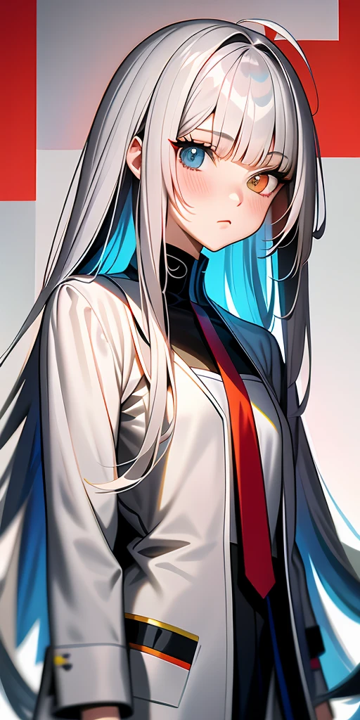 Anime girl with deep gray hair, glossy hair, long straight hair|detailed hair|long hair|blunt bangs|Long bold side bang|ahoge|long straight cutted hair,)))),Slender, beautiful hair,beautiful eyes, heterochromia , red right eye, gray left eye, in red tie, shy blush, pretty, small satchel, cyberpunk, hime hairstyle