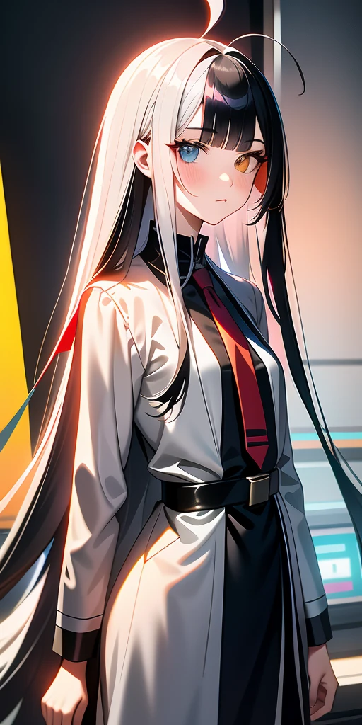 Anime girl with deep gray hair, glossy hair, long straight hair|detailed hair|long hair|blunt bangs|Long bold side bang|ahoge|long straight cutted hair,)))),Slender, beautiful hair,beautiful eyes, heterochromia , red right eye, gray left eye, in red tie, shy blush, pretty, small satchel, cyberpunk, hime hairstyle