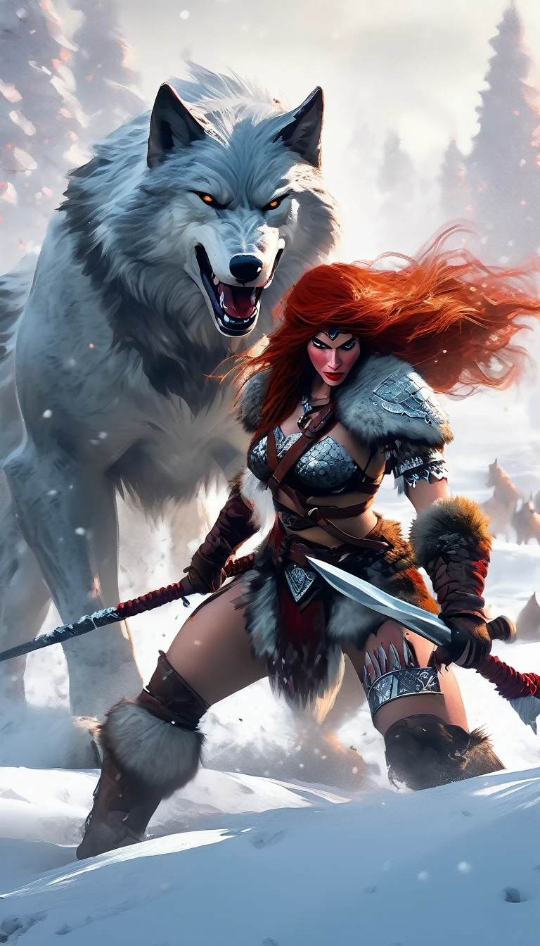 A fierce redhead warrior, Red Sonja, with her companion a huge giant wolf in a snowy landscape, blood stains on the pristine white snow (best quality, 4k, 8k, high resolution, masterpiece: 1.2), ultra detailed,,vivid colors,bokeh,portraits,concept art,dramatic lighting,cold tones,snow, ice, winter, art inspired by Bill Sienkiewicz
