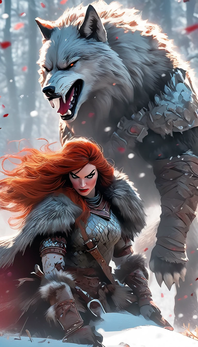 A fierce redhead warrior, Red Sonja, with her companion a huge giant wolf in a snowy landscape, blood stains on the pristine white snow (best quality, 4k, 8k, high resolution, masterpiece: 1.2), ultra detailed,,vivid colors,bokeh,portraits,concept art,dramatic lighting,cold tones,snow, ice, winter, art inspired by Bill Sienkiewicz