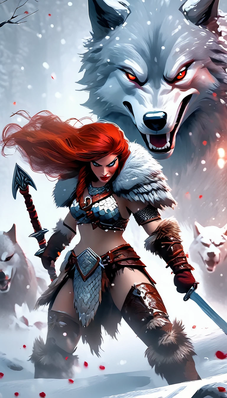 A fierce redhead warrior, Red Sonja, with her companion a huge giant wolf in a snowy landscape, blood stains on the pristine white snow (best quality, 4k, 8k, high resolution, masterpiece: 1.2), ultra detailed,,vivid colors,bokeh,portraits,concept art,dramatic lighting,cold tones,snow, ice, winter, art inspired by Bill Sienkiewicz