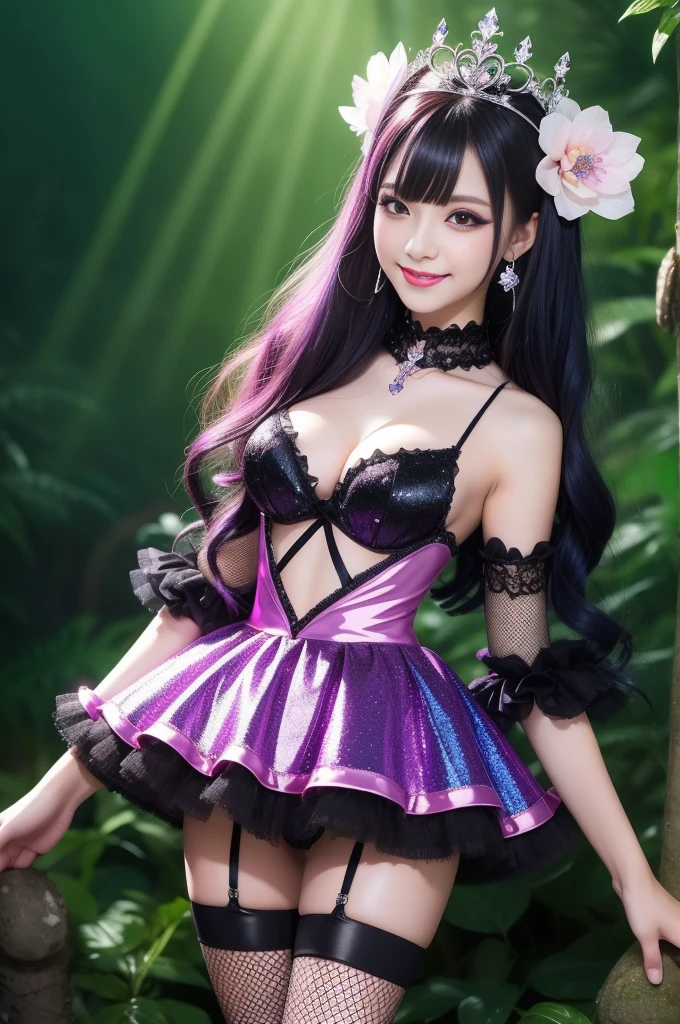 sexy princess who controls poison、beautiful smile、lipgloss、long lashes、smokey eyeshadow、look at the camera、full body Esbian、、sparkling poisoned flower costume、、、、shiny sparkling multicolor hair、secrete poison、skull hair accessories、fishnet tights、shiny sparkling dark magic forest background