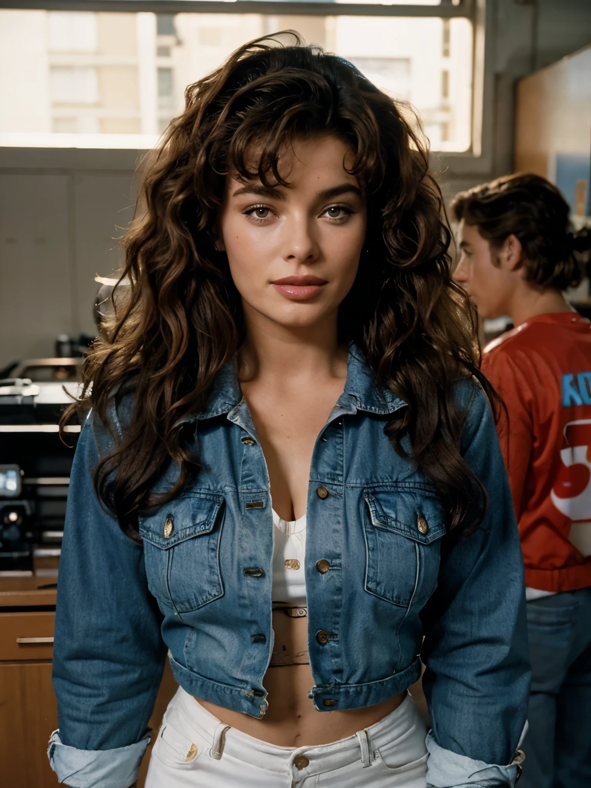 DRESSED Kelly LeBrock from the movie "Oh Science 1985", 80's, Vintage, old movie aesthetics, 80s hairstyle, Messy curls, Lush curls, photo grain, Jean jacket,