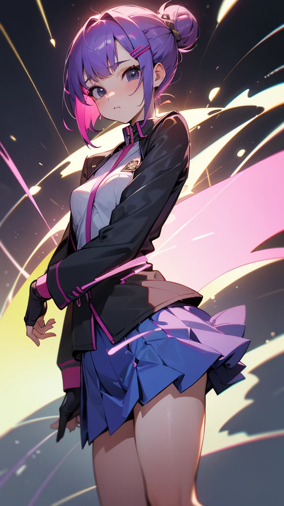 Top Quality, 8K, 4K, High Definition, Detail, (better-quality, 8K, 12), top-quality, 1 girl、purple short bob hair clip tied into a bun、black eyes、small breasts、uniform、gray jacket with pink line、blue skirt、 fingerless gloves、thighs、Ilcha fousing on her, surprise face, having her handon her face, making cute expressing face. picture pose, she is standing up, she has a loil pop in her mouth, she up close only showing her wraist and up.