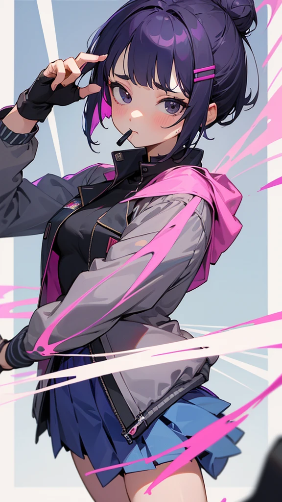 Top Quality, 8K, 4K, High Definition, Detail, (better-quality, 8K, 12), top-quality, 1 girl、purple short bob hair clip tied into a bun、black eyes、small breasts、uniform、gray jacket with pink line、blue skirt、 fingerless gloves、thighs、Ilcha fousing on her, surprise face, having her handon her face, making cute expressing face. picture pose, she is standing up, she has a loil pop in her mouth, she up close only showing her wraist and up.