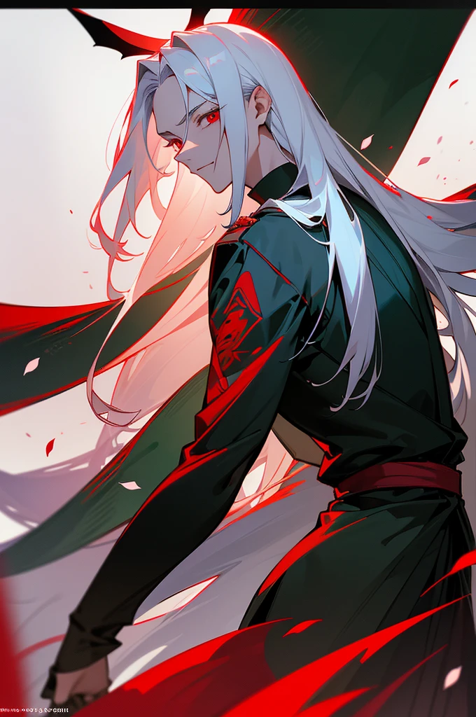 of a guy,1 man, Wearing black Han costumes, long white hair, Sharp red eyes, He is a hero who plunges into darkness,His body was filled with blood, He looked cruel ((25 year old face)) ((No more than one person)),Lateral face,Look straight to the side,Green Dragon,the cherry trees,petals,rays of moonlight,Glowing