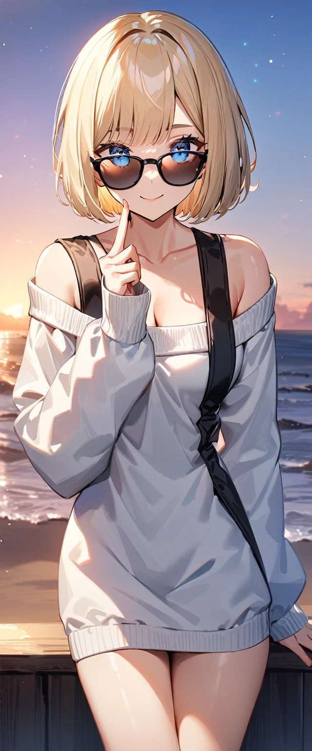 (((One girl))), sea, beach, Sunset, evening, sitting, (((from behind))), (((Bare legs))), ((aran sweater)), peace fingers, blond hair, ((sunglasses, hand to sunglasses)), (bob cut:1.3)), breasts, cleavage, (cowboy shot), standard body, (looking at viewer), oversized clothes, puffy long sleeves, collarbone, ((off-shoulder sweater dress:1.3, Quite thick shoulder straps)), (((sleeves past wrists:1.3))), ((black sweater)), teenager, head tilt:1.3, (((blue eye))), ((happy smile)), (((anime style))), (best quality, 4K, 8K, highres, masterpiece:1.2, ultra-detailed, ultra-detailed eyes, HDR, uhd, studio lighting, ultra-fine painting, sharp focus, physically-based rendering, extreme detail description, professional, vivid colors, bokeh), ((Highest quality, Best image quality, Ultra-high resolution, Ultra-high resolution, solo, Strong eye highlights)), Depth of written boundary, Natural soft light, attractive, Beautiful Face, Cleanliness, Pure Face, Nedium chest, Beautiful Face, Perfect Fingers, Perfect hands, Perfect body, Perfect Face, Shine a light into your eyes, Perfect Anatomy