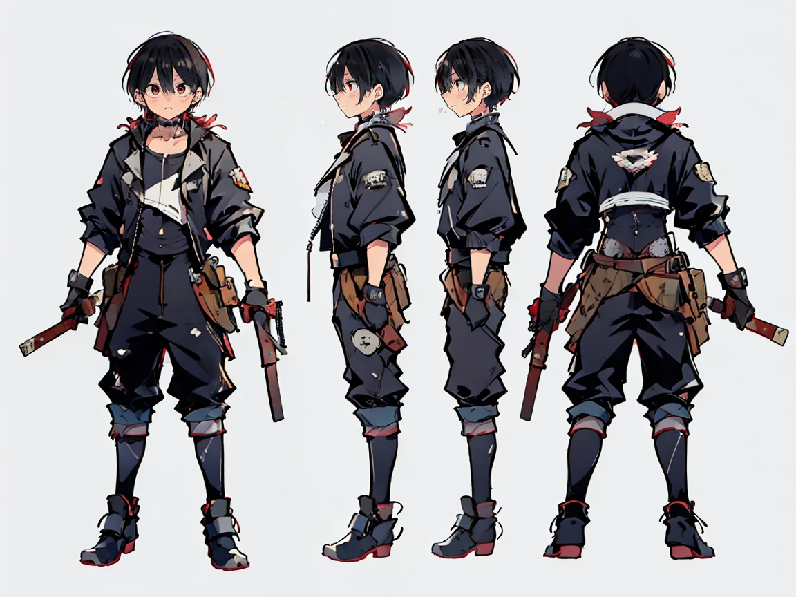 (((three-sided view, front view, side view, back view, multiple views, multiple poses and expressions, many parts)), concept art, character concept art, character sheet, Full body, illustration, (simple background, gray background), 1 character, 1girl, fantasy art:1.1), rekkyou sensen,rekkyo sensen, hasuichi nishizono, short hair, black hair, red eyes, boy, male, anime,1boy, bangs, hair between eyes, jacket, looking at viewer, male focus, solo, zipper, black clothes, black gloves, silver choker