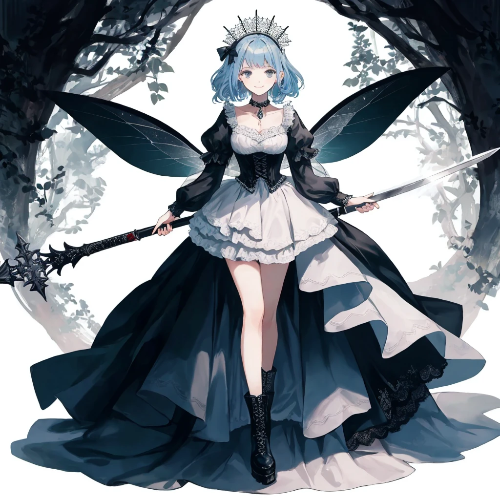 ((best quality)), ((masterpiece)), (detailed), 1girl, Character design, female, dynamic poses, long blue hair, grey white eyes, very skinny, detailed, best quality, no accesoires around the neck, prominent collarbones, skinny arms, full body, blank white background, plain background, white background, ((red and white clothing)), Bloodborne inspired, occult aesthetic, occult, detailed and intricate steampunk and detailed gothic, Very dramatic and cinematic lighting, cosmic horror, grim-dark, side-lighting, perfect face, Fluttering lace flared long knee length dress with frilly petticoats, knee length dress, pleated petticoats, petticoats gothic, complex lace boots, side-lighting, gothic aesthetic, wielding a mighty sword with mechanical components, mandalas, small breasts, a fairy, various different types of insect wings,full body, whole body, white holy clothes,white holy clothes,((evil smile)),blue hair,she has a big sword in her hand,
