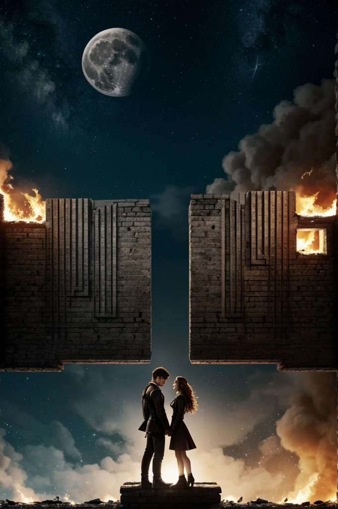 A image of star crossed lovers both are separated, each at different ends of a wall of full moon night with the world around them waging war and burning and the image must be ratio of 9:16 ratio. Both stand in different platform of the wallDystopian Landscape