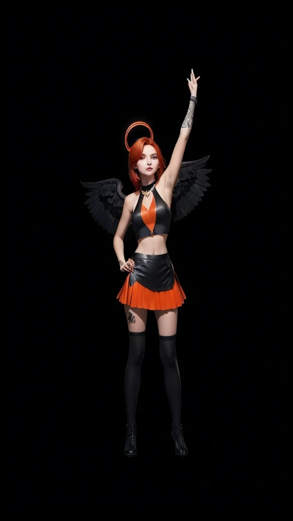 A beautiful girl with red hair, de corpo inteiro, skin fair, short black skirt with orange detail, um cropped preto, with black wings and halo over the head.