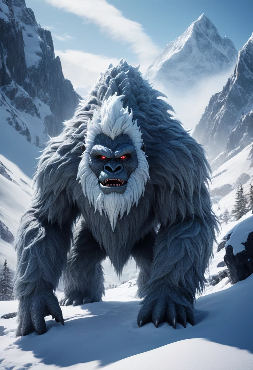 a giant yeti creature in a snowy mountain landscape, detailed facial features, extremely detailed, photorealistic, ultra-high quality, 8k, best quality, masterpiece, cinematic lighting, dramatic shadows, cold color tones, eerie atmosphere, horror, dark fantasy