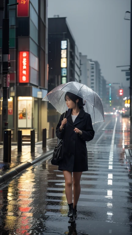 A young woman is walking in the rain with an umbrella、rain, in Tokyo, (masterpiece, highest quality, Very detailed, Ultra-high resolution, (photopractical:1.4), Original photo, (practical:0.2), 8K )