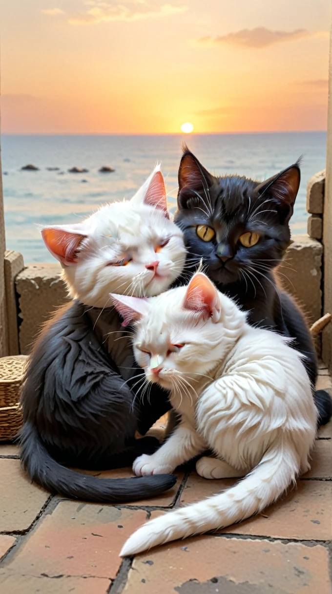 With the sunset in the background,(masterpiece:1.2, high quality), sleep together2Pet Kittens、