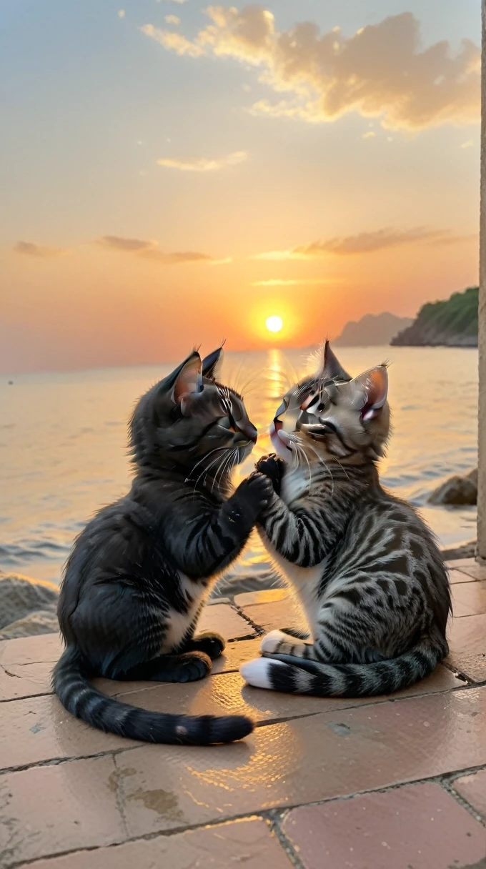 With the sunset in the background,(masterpiece:1.2, high quality), sleep together２Pet Kittens、