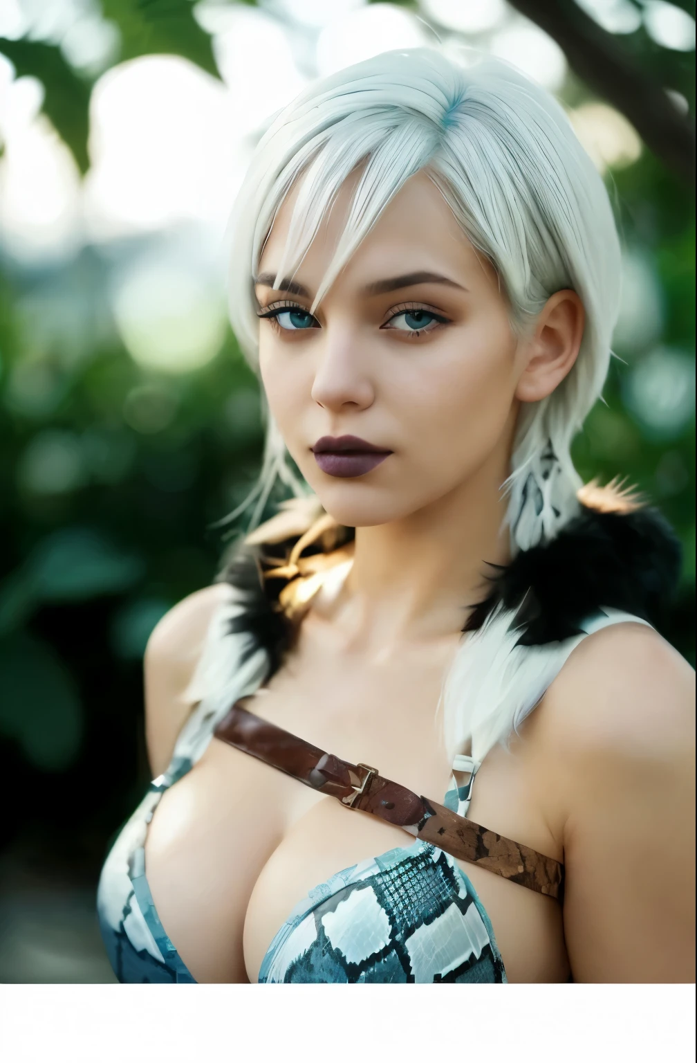 young woman with straight white hair wearing a snakeskin bra, and a belt tied over the breasts, she is looking at the viewer