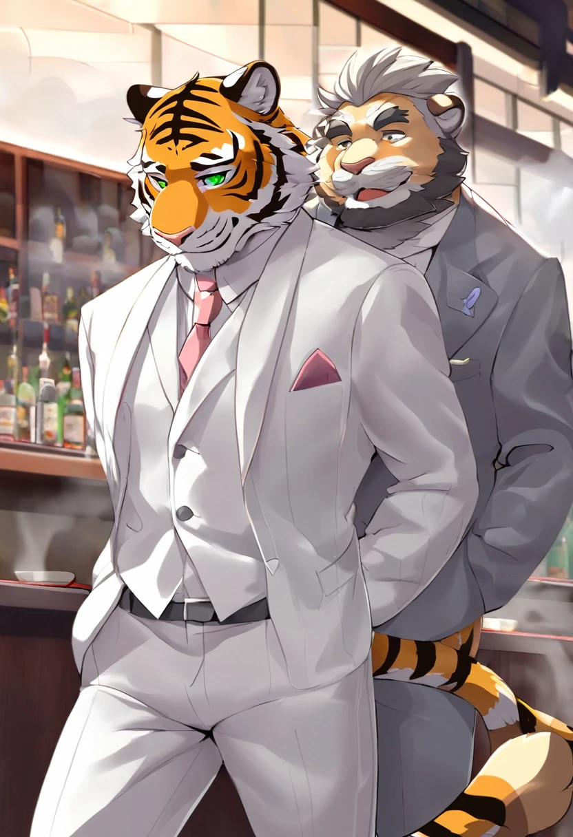 Tiger,personification,Mature male,Disciple,flirty expression,Green pupils,Black eyebrows,White suit suit,Hands in pockets,The Age of Steam,Lively bar。