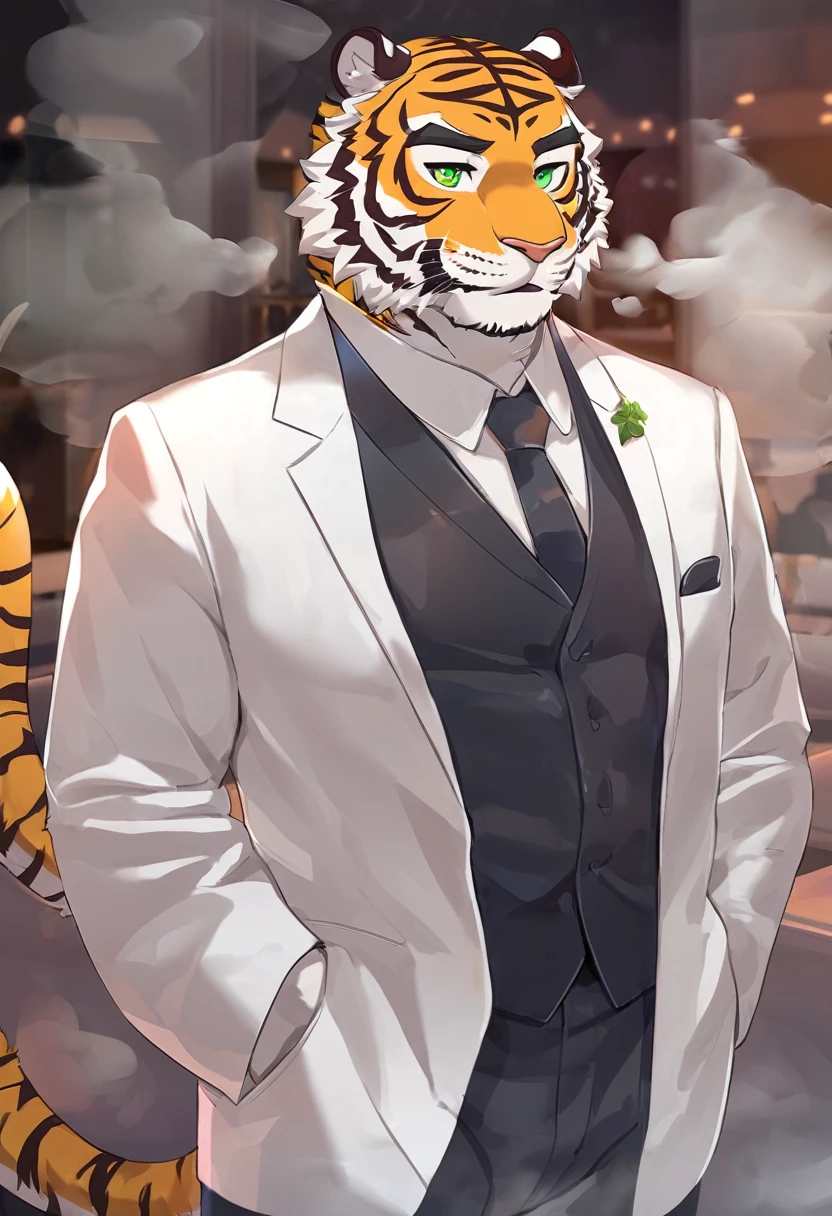 Tiger，personification，Mature male，Disciple，flirty expression，Green pupils，Black eyebrows，White suit suit，Hands in pockets，The Age of Steam，Lively bar。