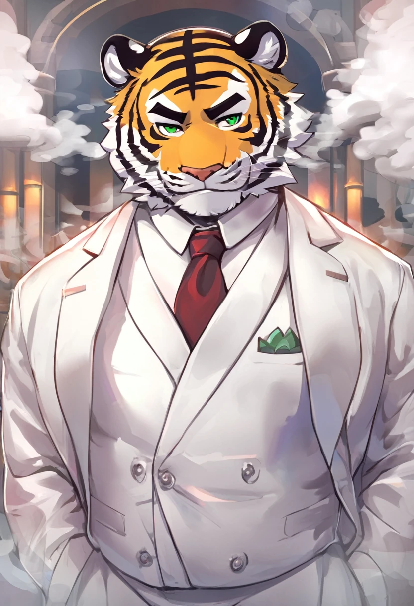 Tiger,personification,Mature male,Disciple,flirty expression,Green pupils,Black eyebrows,White suit suit,Hands in pockets,The Age of Steam,Lively bar。