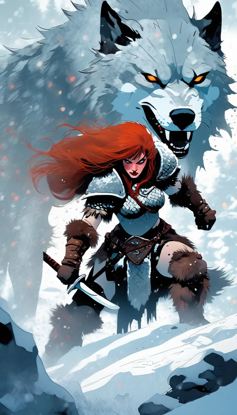 A fierce redhead warrior, Red Sonja, with her companion a huge giant wolf in a snowy landscape, blood stains on the pristine white snow , ultra detailed,,vivid colors,bokeh,portraits,concept art,dramatic lighting,cold tones,snow, ice, winter, art inspired by Bill Sienkiewicz