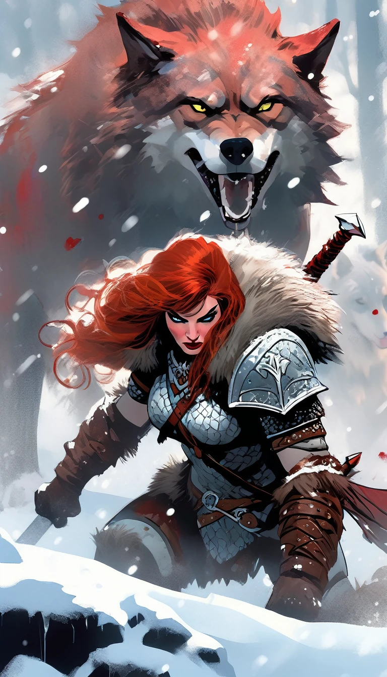 A fierce redhead warrior, Red Sonja, with her companion a huge giant wolf in a snowy landscape, blood stains on the pristine white snow , ultra detailed,,vivid colors,bokeh,portraits,concept art,dramatic lighting,cold tones,snow, ice, winter, art inspired by Bill Sienkiewicz
