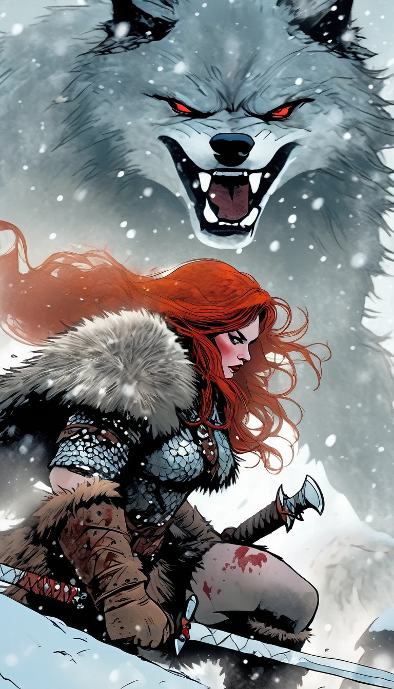A fierce redhead warrior, Red Sonja, with her companion a huge giant wolf in a snowy landscape, blood stains on the pristine white snow , ultra detailed,,vivid colors,bokeh,portraits,concept art,dramatic lighting,cold tones,snow, ice, winter, art inspired by Bill Sienkiewicz