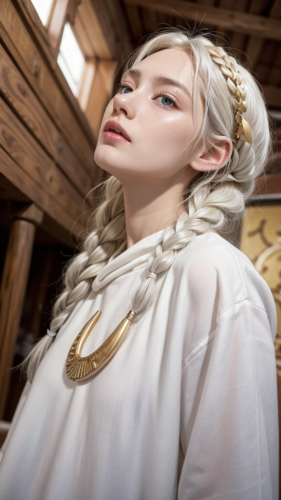best qualityer, work of art,White hair, gold eyes,white  clothes, looking up, trunk,lock of hair,skin fair,side braids