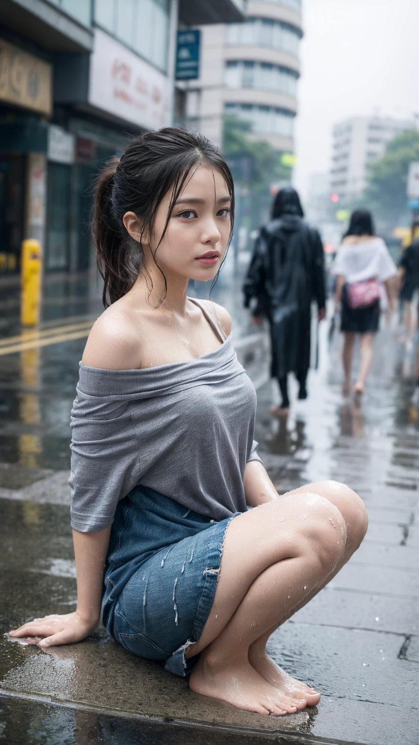 Young Japan woman standing, ((City Street)), ((Fully clothed)), ((Off Shoulder T-Shirt Dress)),((barefoot)), Blonde ponytail, Slim figure, Two-tone hair, Early Afternoon, Gray light, cloudy, Detailed Background, dark, Busy Street, Crowded street, Cinematic, pessimistic, masterpiece, Highest quality, RAW Photos, Close-up, zoom, Realistic, ((Displaying the viewer)), Stay safe, translucent, soaked, Beautiful and realistic photos, Surreal fantasy photography, close, Tight Frame, 8K, Super detailed, Detailed skin, blue eyes, dark skin, ((drenched)), ((soaked through)), (Dripping Water), Flabby clothes, Wet roads, My whole body is wet, wet dripping hair, viewing angle, (Pose for a photo) Portraiture, close, Bottom Angle, haze, ((heavy rain)), ((Hazy Rain)), Rain on my face, Wet Face, Shallow depth of field