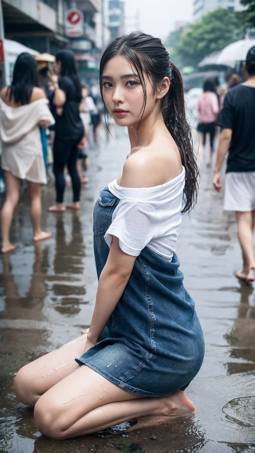 Young Japan woman standing, ((City Street)), ((Fully clothed)), ((Off Shoulder T-Shirt Dress)),((barefoot)), Blonde ponytail, Slim figure, Two-tone hair, Early Afternoon, Gray light, cloudy, Detailed Background, dark, Busy Street, Crowded street, Cinematic, pessimistic, masterpiece, Highest quality, RAW Photos, Close-up, zoom, Realistic, ((Displaying the viewer)), Stay safe, translucent, soaked, Beautiful and realistic photos, Surreal fantasy photography, close, Tight Frame, 8K, Super detailed, Detailed skin, blue eyes, dark skin, ((drenched)), ((soaked through)), (Dripping Water), Flabby clothes, Wet roads, My whole body is wet, wet dripping hair, viewing angle, (Pose for a photo) Portraiture, close, Bottom Angle, haze, ((heavy rain)), ((Hazy Rain)), Rain on my face, Wet Face, Shallow depth of field