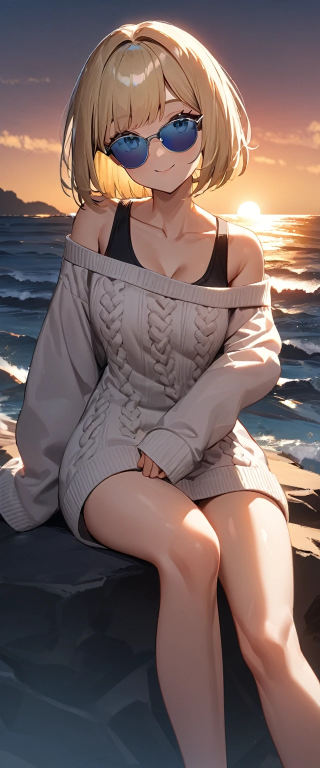 (((One girl))), sea, beach, Sunset, evening, Sitting on a cliff, (((from behind))), (((Bare legs))), ((aran sweater)), peace fingers, blond hair, ((sunglasses, hand to sunglasses)), (bob cut:1.3)), breasts, cleavage, (cowboy shot), standard body, (looking at viewer), oversized clothes, puffy long sleeves, collarbone, ((off-shoulder sweater dress:1.3, Quite thick shoulder straps)), (((sleeves past wrists:1.3))), ((black sweater)), ager, head tilt:1.3, (((blue eye))), ((happy smile)), (((anime style))), (best quality, 4K, 8K, highres, masterpiece:1.2, ultra-detailed, ultra-detailed eyes, HDR, uhd, studio lighting, ultra-fine painting, sharp focus, physically-based rendering, extreme detail description, professional, vivid colors, bokeh), ((Highest quality, Best image quality, Ultra-high resolution, Ultra-high resolution, solo, Strong eye highlights)), Depth of written boundary, Natural soft light, attractive, Beautiful Face, Cleanliness, Pure Face, Nedium chest, Beautiful Face, Perfect Fingers, Perfect hands, Perfect body, Perfect Face, Shine a light into your eyes, Perfect Anatomy