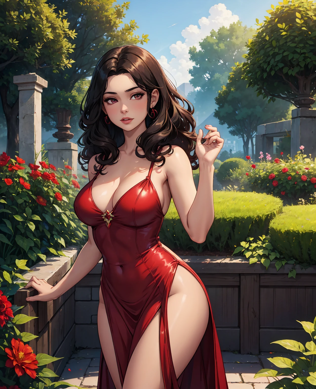 a beautiful young woman with curly dark hair, a confident expression, wearing a shiny red dress, outdoor garden setting with flowers and greenery, cinematic lighting, vibrant colors, portrait, photorealistic, 8k