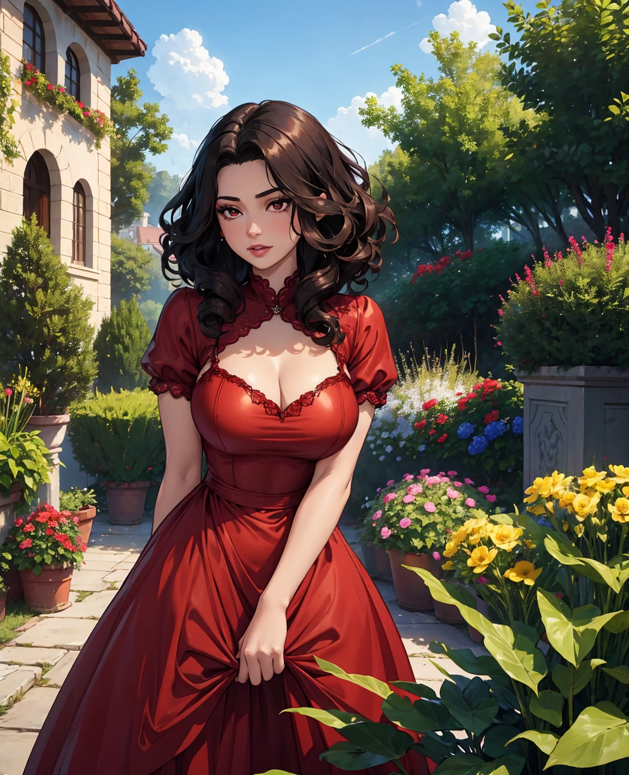 a beautiful young woman with curly dark hair, a confident expression, wearing a shiny red dress, outdoor garden setting with flowers and greenery, cinematic lighting, vibrant colors, portrait, photorealistic, 8k