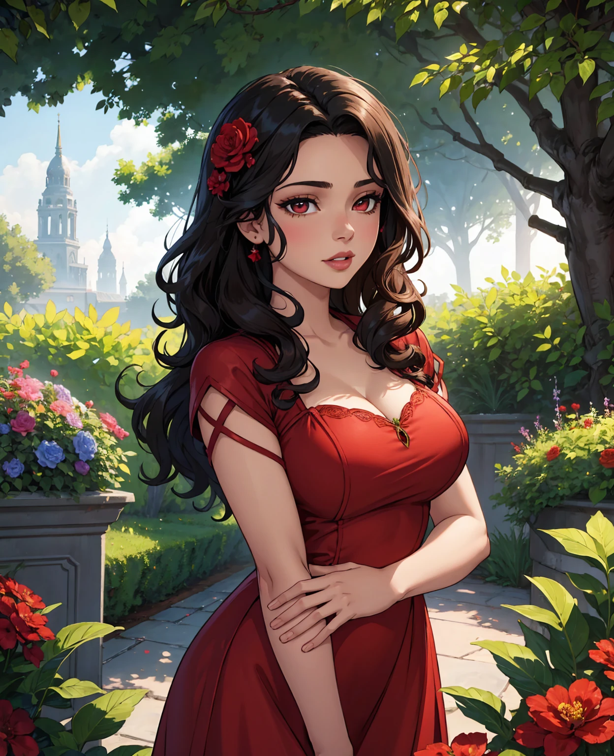 a beautiful young woman with curly dark hair, a confident expression, wearing a shiny red dress, outdoor garden setting with flowers and greenery, cinematic lighting, vibrant colors, portrait, photorealistic, 8k