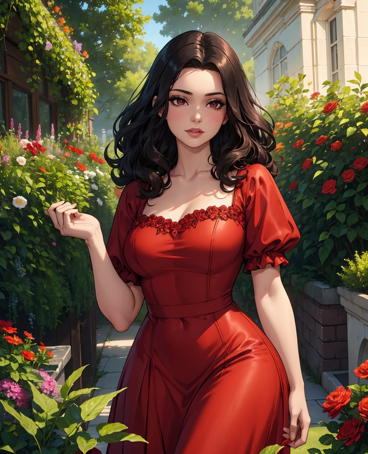 a beautiful young woman with curly dark hair, a confident expression, wearing a shiny red dress, outdoor garden setting with flowers and greenery, cinematic lighting, vibrant colors, portrait, photorealistic, 8k