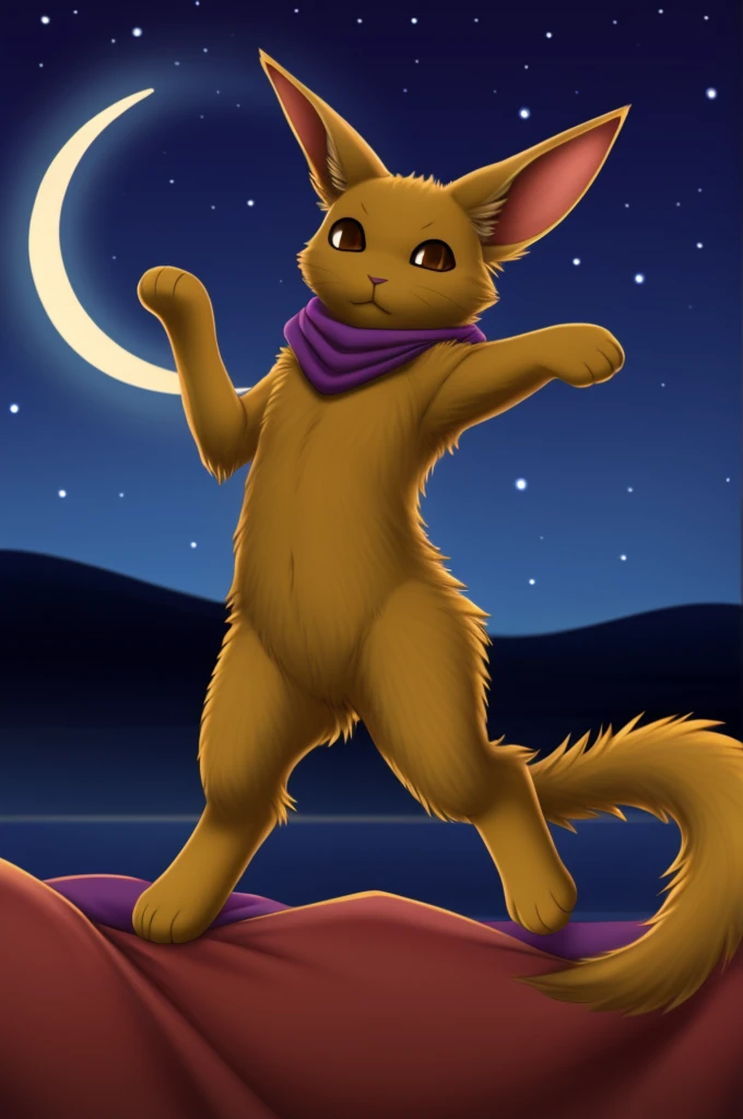 It has yellow fur, brown eyes with no pupils, it has spiky ears, it has a cat-like body, its long forelegs end in furry human-like hands with 4 digits, it has long rabbit-like hind legs, it has no nose, it has a long tail that resembles a crescent moon that goes upwards and covers its body, it glows in the night sky