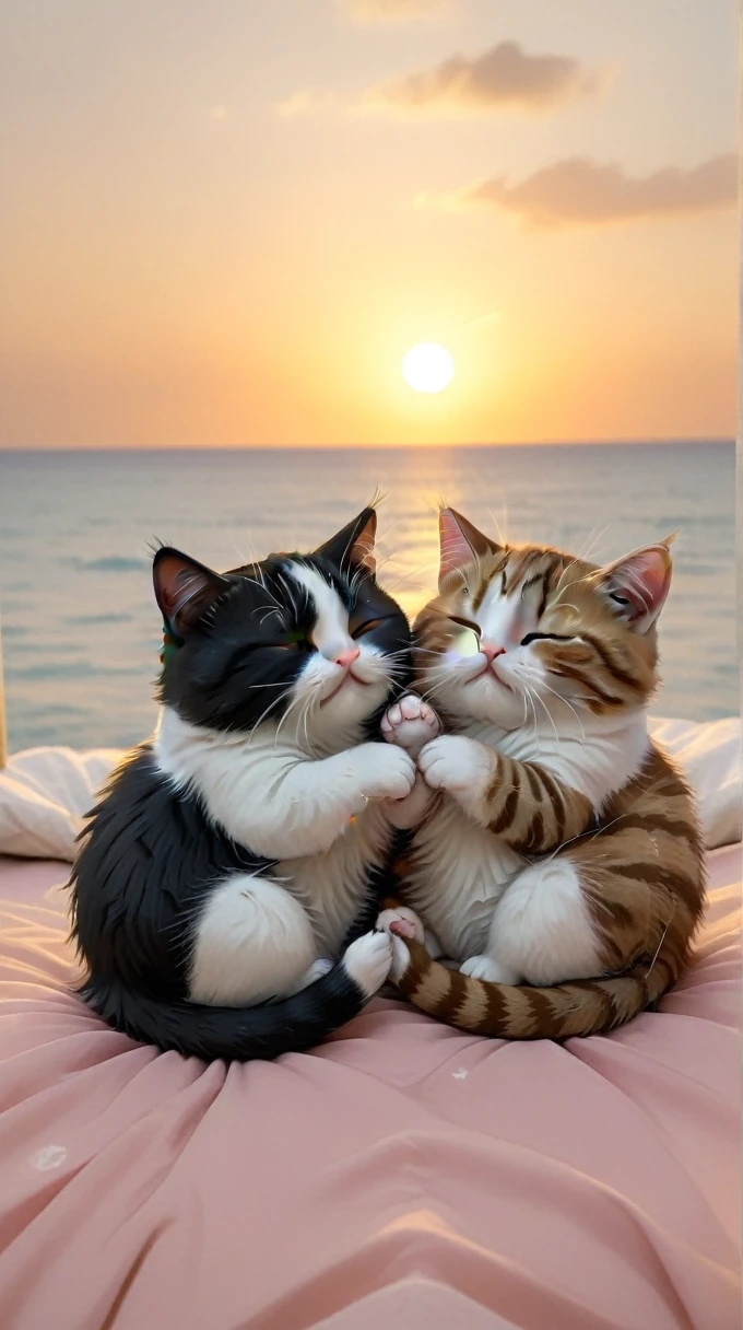 With the sunset in the background,(masterpiece:1.2, high quality), sleep together２Munchkin kittens、