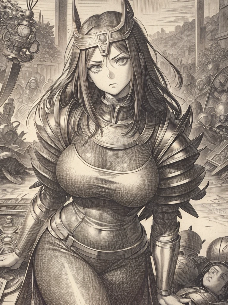 Ultradetailed, black and white, battle Angel alita sad in an engraving in black and white by Albrecht Dürer