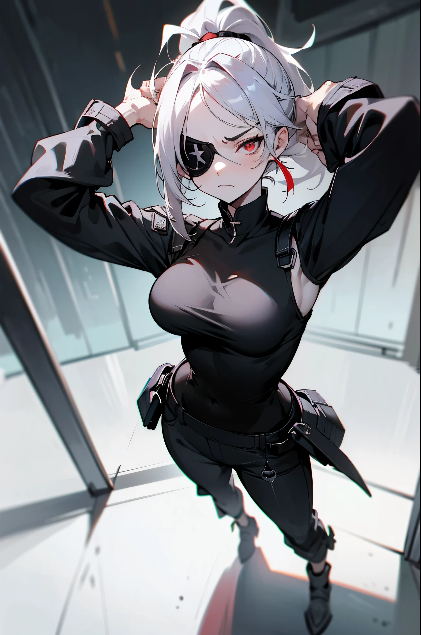 (absurdres, 8k, 4k, masterpiece, hyper extreme detailed:1.2), solo, 1girl, front view portrait, best quality, expressive eyes, perfect face, 1girl, portrait, solo, Female, mature female, adult, pale skin, black nails, white skin, black ribbon, red eyes, black eyepatch, annoyed, armor, swept bangs, side bangs, messy hair, long hair, hair covering forehead, perfect anatomy, anatomically correct, looking forward, forward view, expressive eyes, perfect eyes, quanxi, ponytail, eyepatch, Zero, full body, hand on hip, covered breasts, right hand on head, left hand on hip, solo, leaning back, window background, black tank top, pants, black jacket, armor