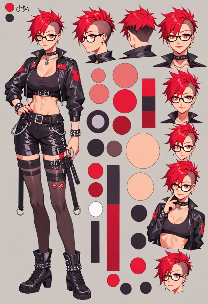 score_9, score_8_up, score_7_up, score_6_up, score_5_up, score_4_up, BREAK source_anime, 1girl, short black and red hair, thin rimmed glasses, punk outfit, full body, Reference sheet, Character sheet