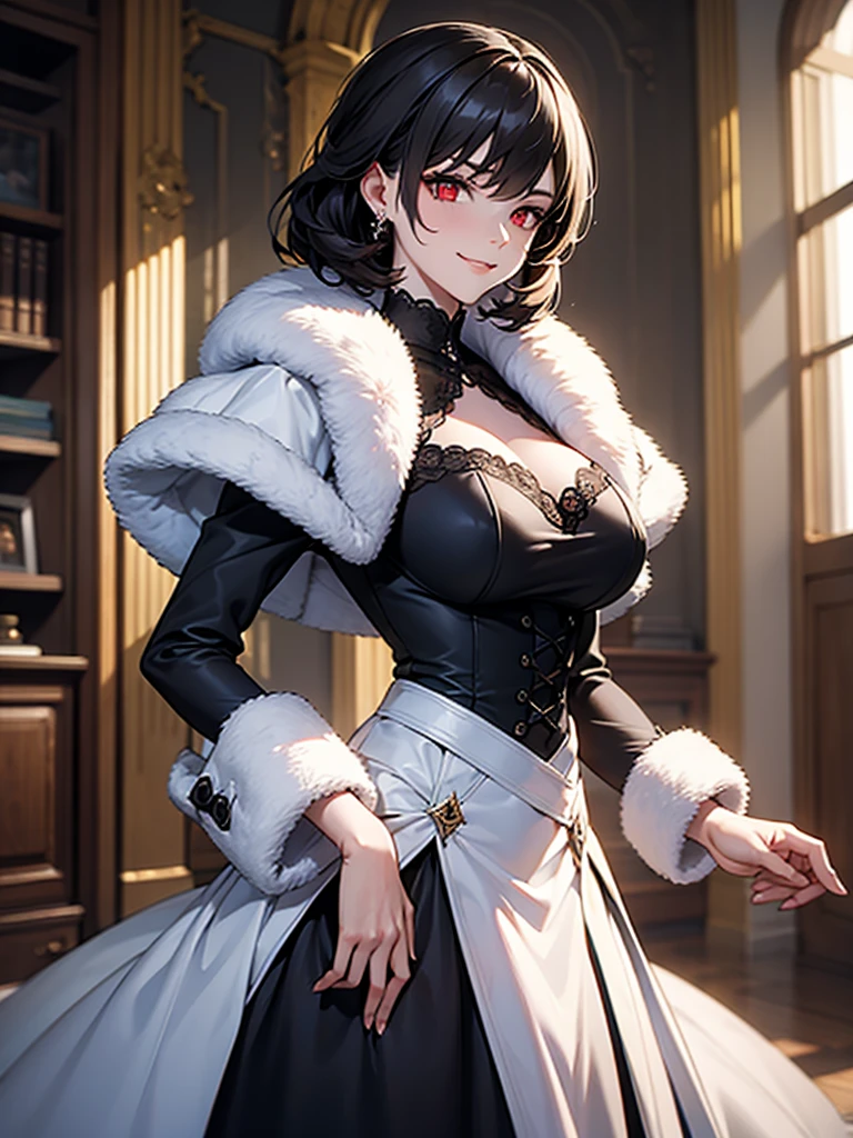 black hair, (solo), (black victorian dress), (smirk), red eyes, pale skin, (pale), ((dark aura)), ((fiendish aura)), (bloody swirl in foreground), indoors, large breasts, white fur coat, (white fur coat), ((dark energy aura))