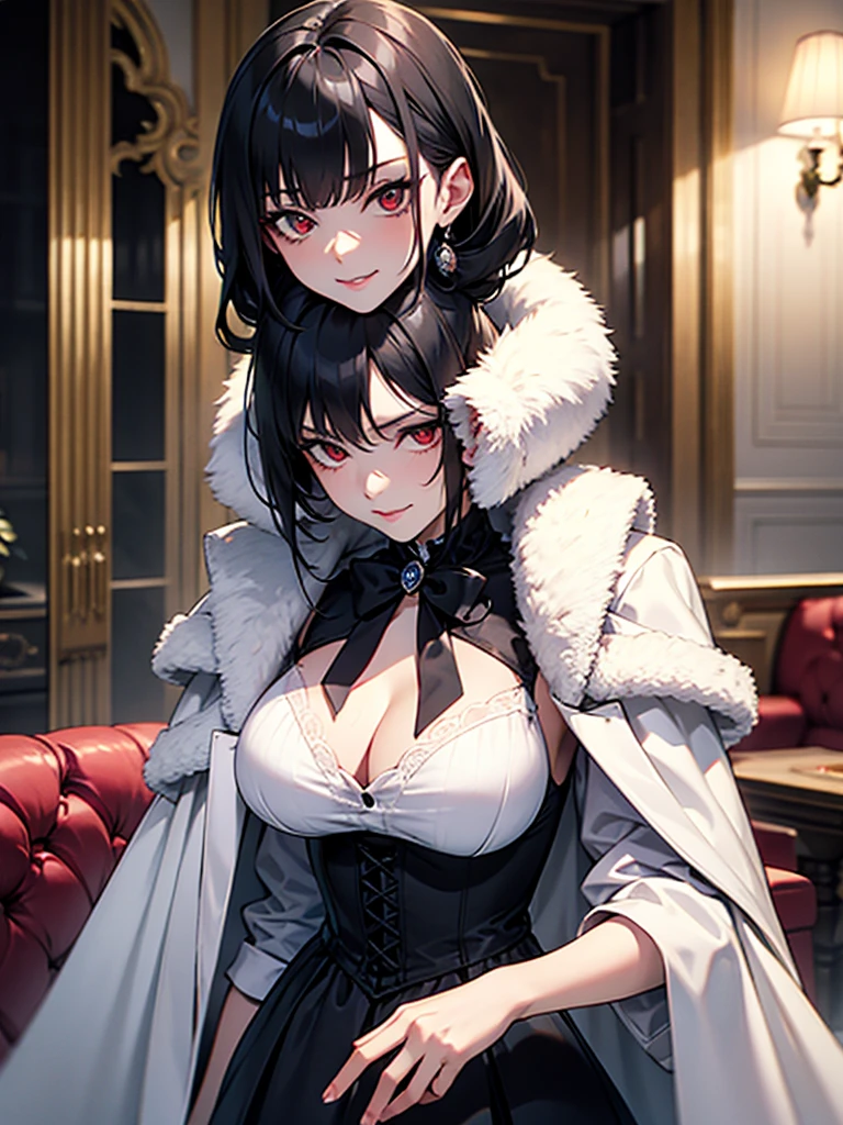 black hair, (solo), (black victorian dress), (smirk), red eyes, pale skin, (pale), ((dark aura)), ((fiendish aura)), (bloody swirl in foreground), indoors, large breasts, white fur coat, (white fur coat), ((dark energy aura))