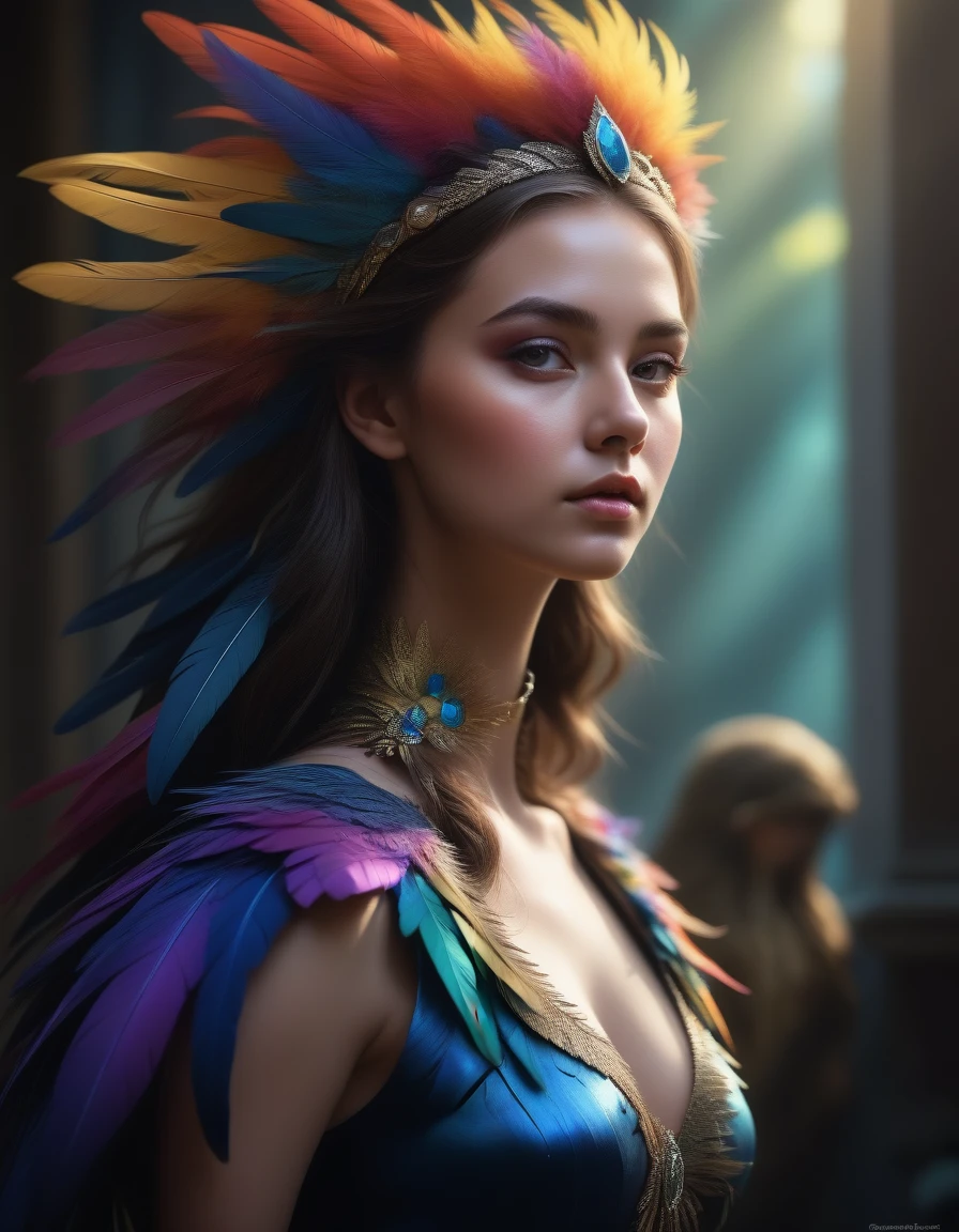 zümrüdüanka,girl,fantasy bird,mystical creature,colorful feathers,magical,detailed portrait,ethereal,dramatic lighting,intricate details,cinematic,photorealistic,vibrant colors,dramatic shadows,digital art,concept art,award winning,ultra-detailed,8k,highly detailed,masterpiece,hyperrealistic